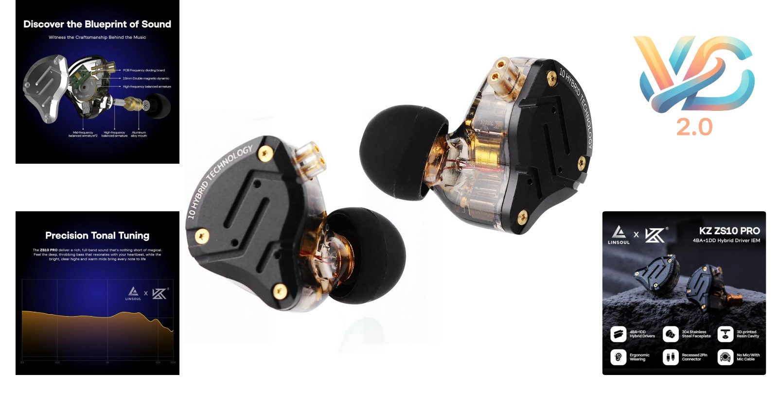 KZ ZS10 Pro In Ear Monitor 4BA+1DD Hybrid Earphones Noise Isolating Black