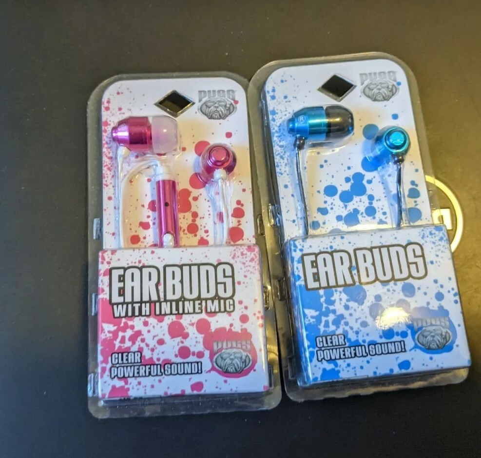 LOT 3 NEW PUGS EAR BUDS WITH INLINE MICROPHONE METALLIC BLUE-TEAL EXTRA EAR BUDS