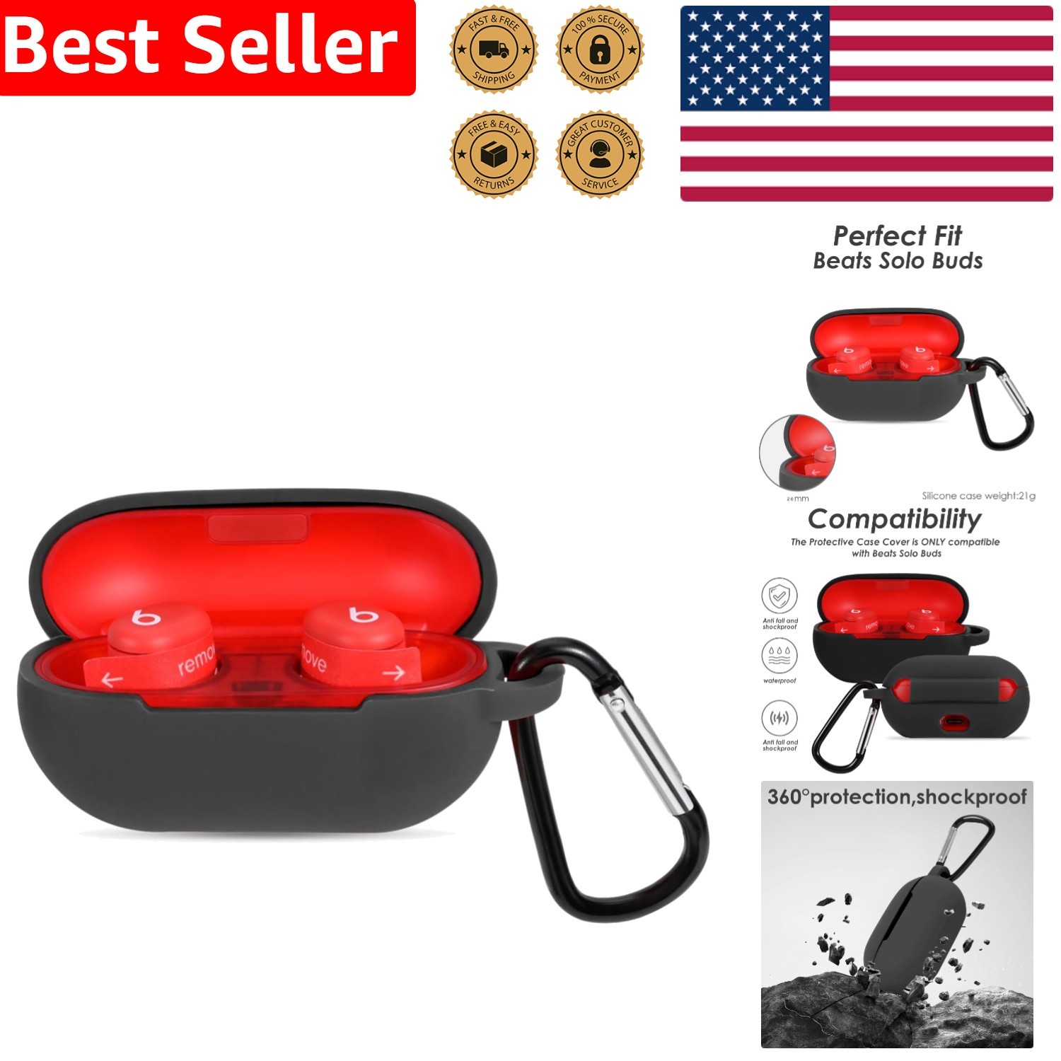 Stylish Black Shockproof Silicone Cover for Beats Solo Buds 2024 with Carabiner