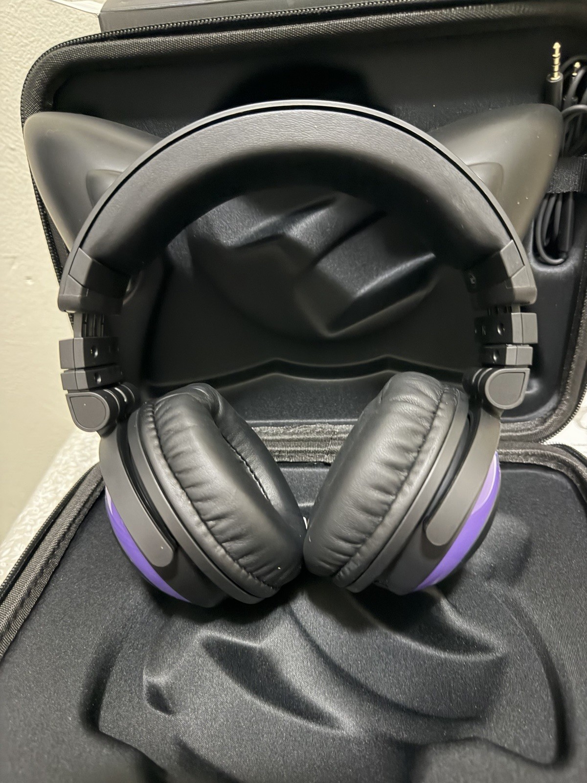 Brookstone Purple Black Cat Ear Headphones w/ Storage Case and Micro USB Cable