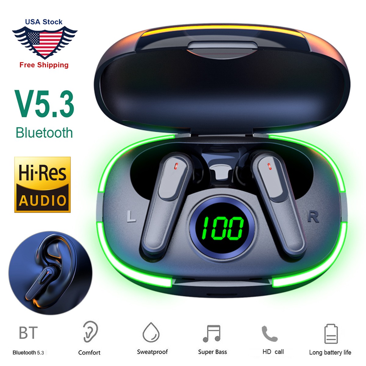 LED TWS Wireless Bluetooth Earbuds Waterproof 5.3 Headset Noise Cancelling New