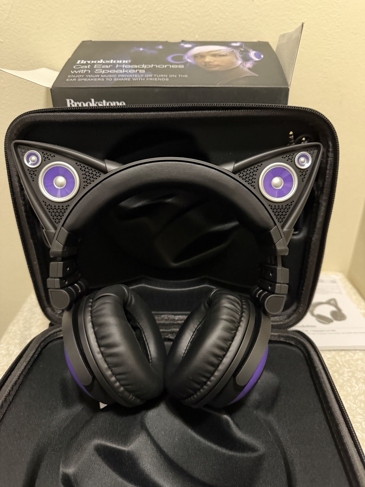 Brookstone Purple Black Cat Ear Headphones w/ Storage Case and Micro USB Cable