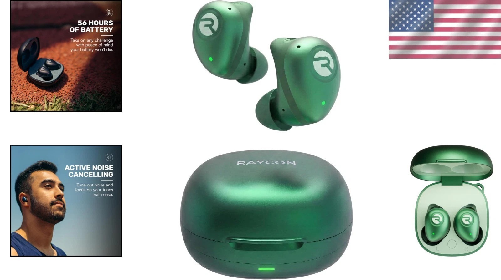 Green Bluetooth Earbuds ANC 56H Playtime Sweatproof Fitness Headphones