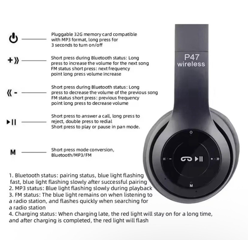 P47 Wireless Bluetooth Headphones with Noise Cancelling Over-Ear Earphones