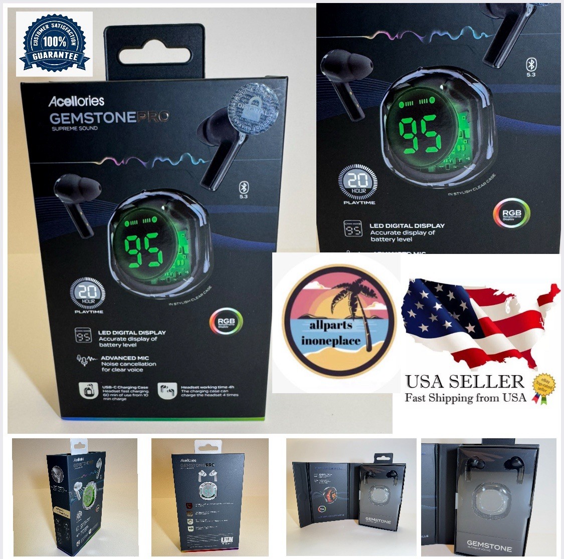 Acelloiries GemstonePro LED Digital Display Earbuds 20 Hours of Playtime Black