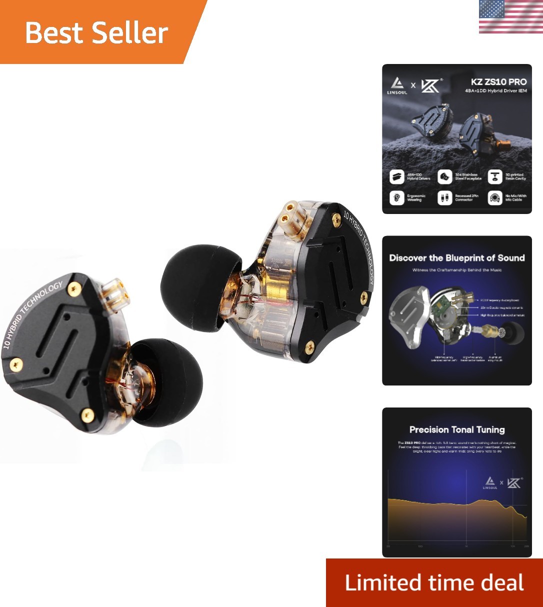 KZ ZS10 Pro Gaming Earbuds: 4BA+1DD Drivers, Noise Isolation in Black