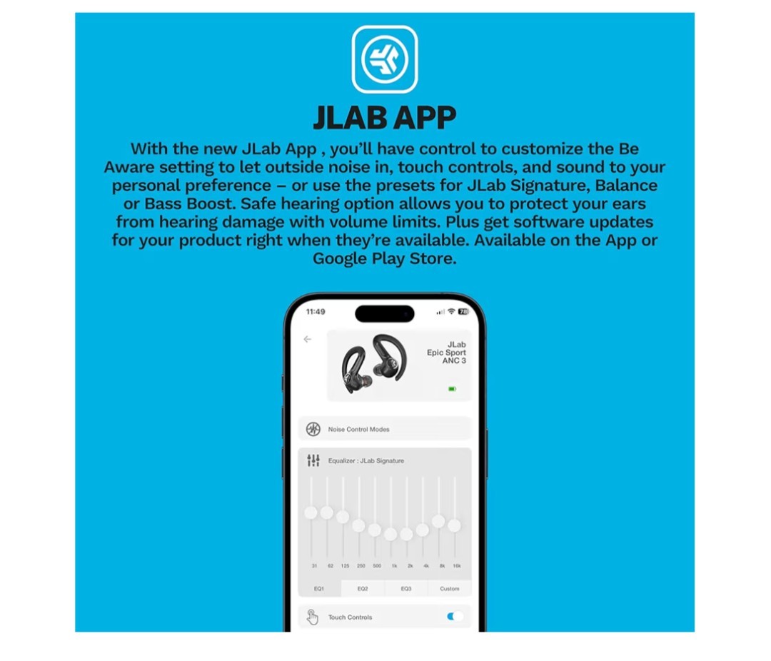 JLAB Hi-Res Audio Wireless LDAC Hybrid Noise Canceling Epic SportsANC3 Dual Driv