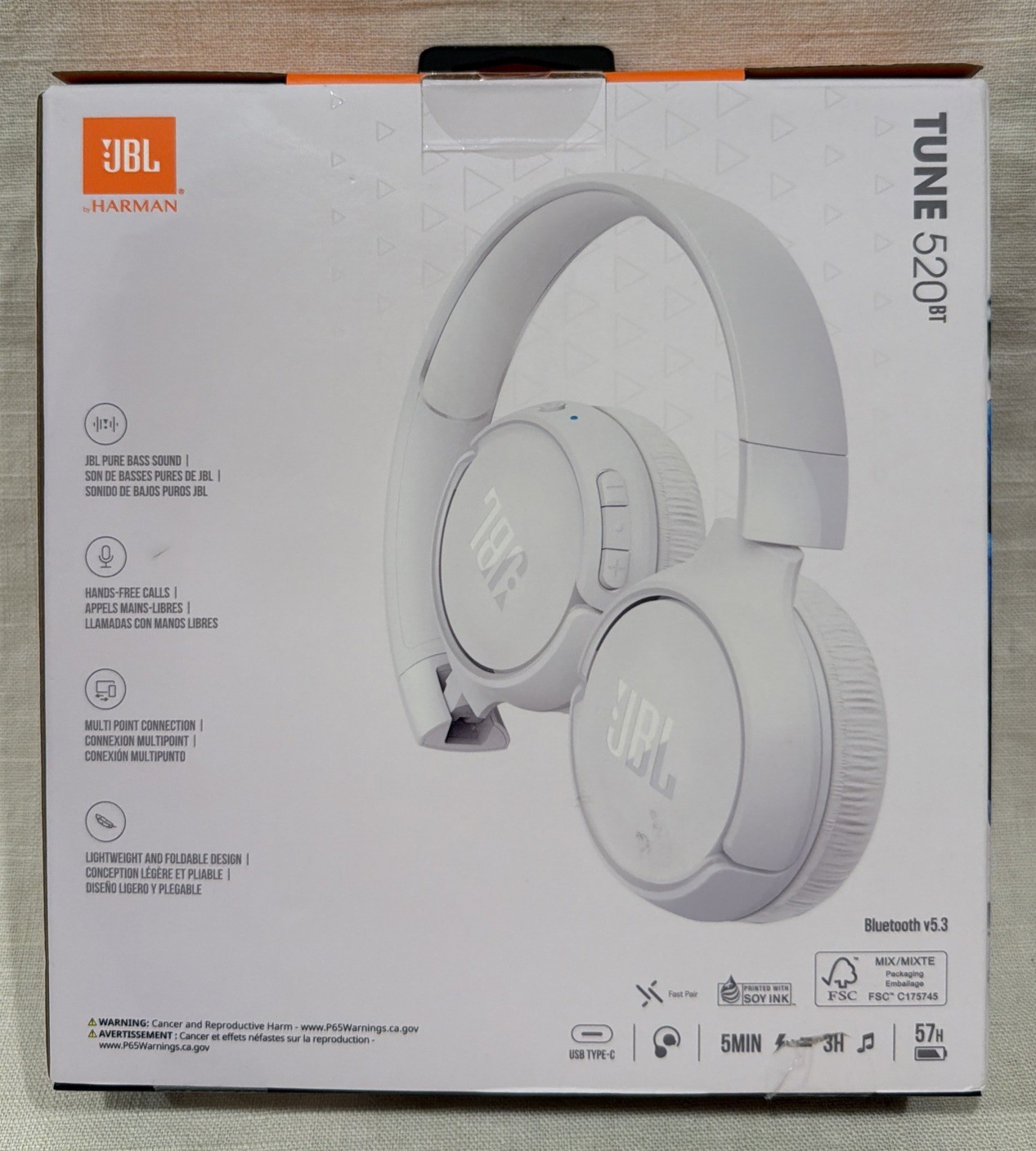 JBL Tune 520BT Pure Bass Wireless Bluetooth Headphones (White)