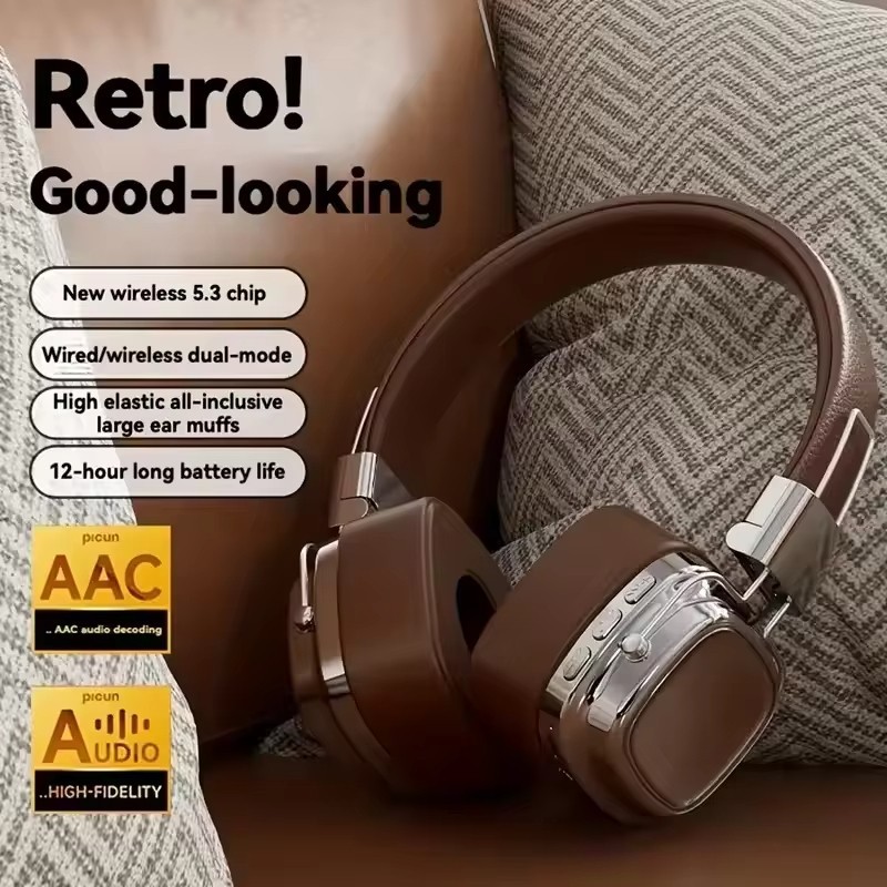 Retro Stereo Gaming Wireless Bluetooth 5.3 Foldable Over Ear Leather Headphones