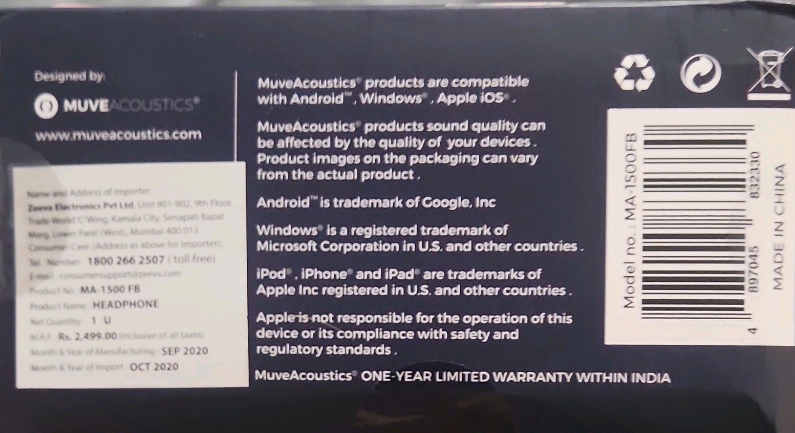 MuveAcoustics Impulse On-Ear Headphones Black 3.5mm Built-in Mic In-Line Control