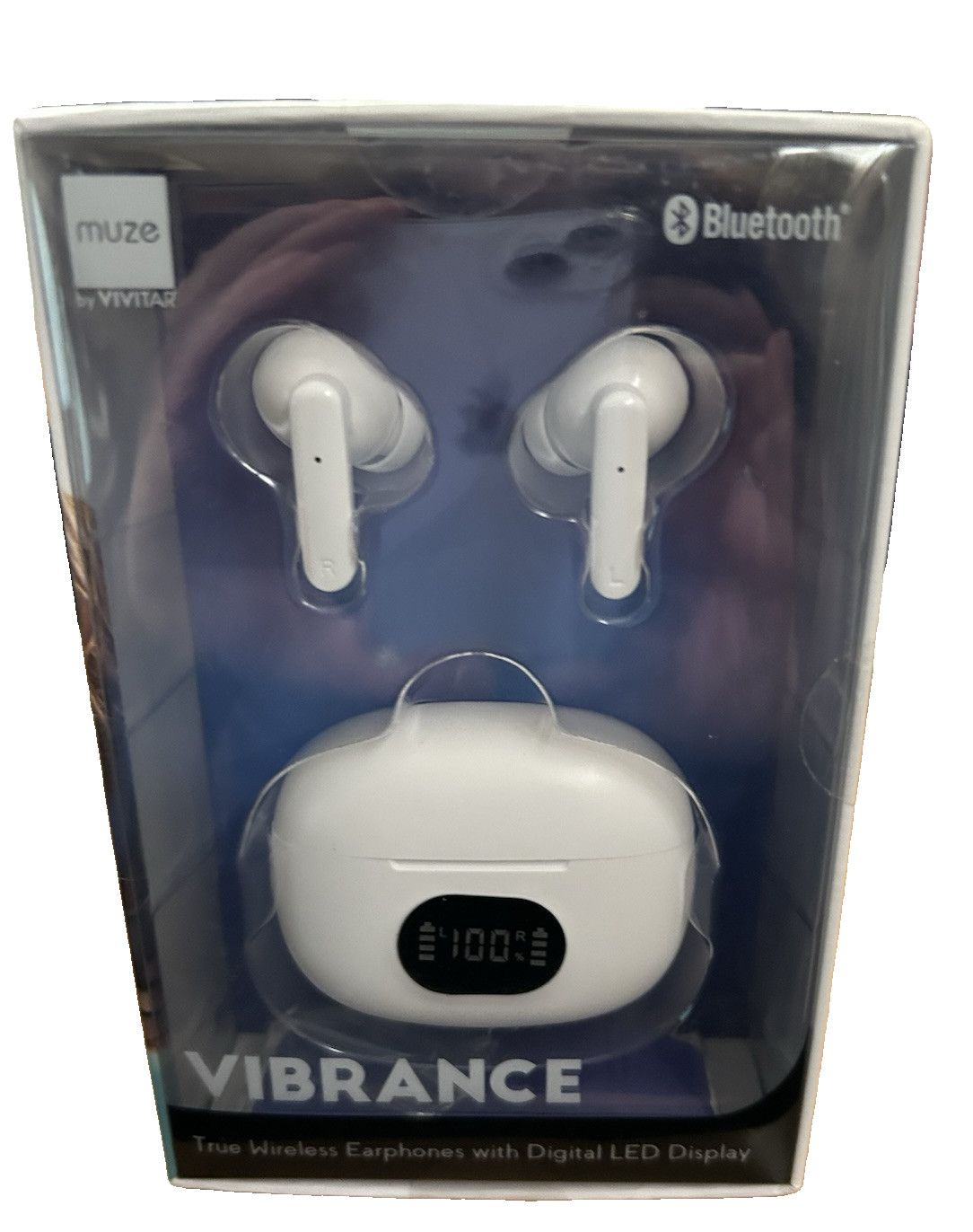 Muze by Vivitar Vibrance Wirelss Earphones w/Digital LED Display Bluetooth White