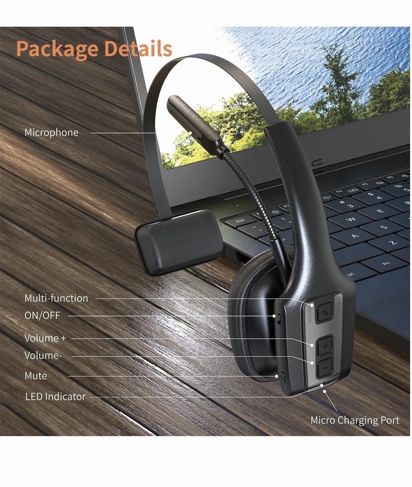 Bluetooth Noise Cancelling Mono Headband Headset w/ Boom Mic, Black/Gray