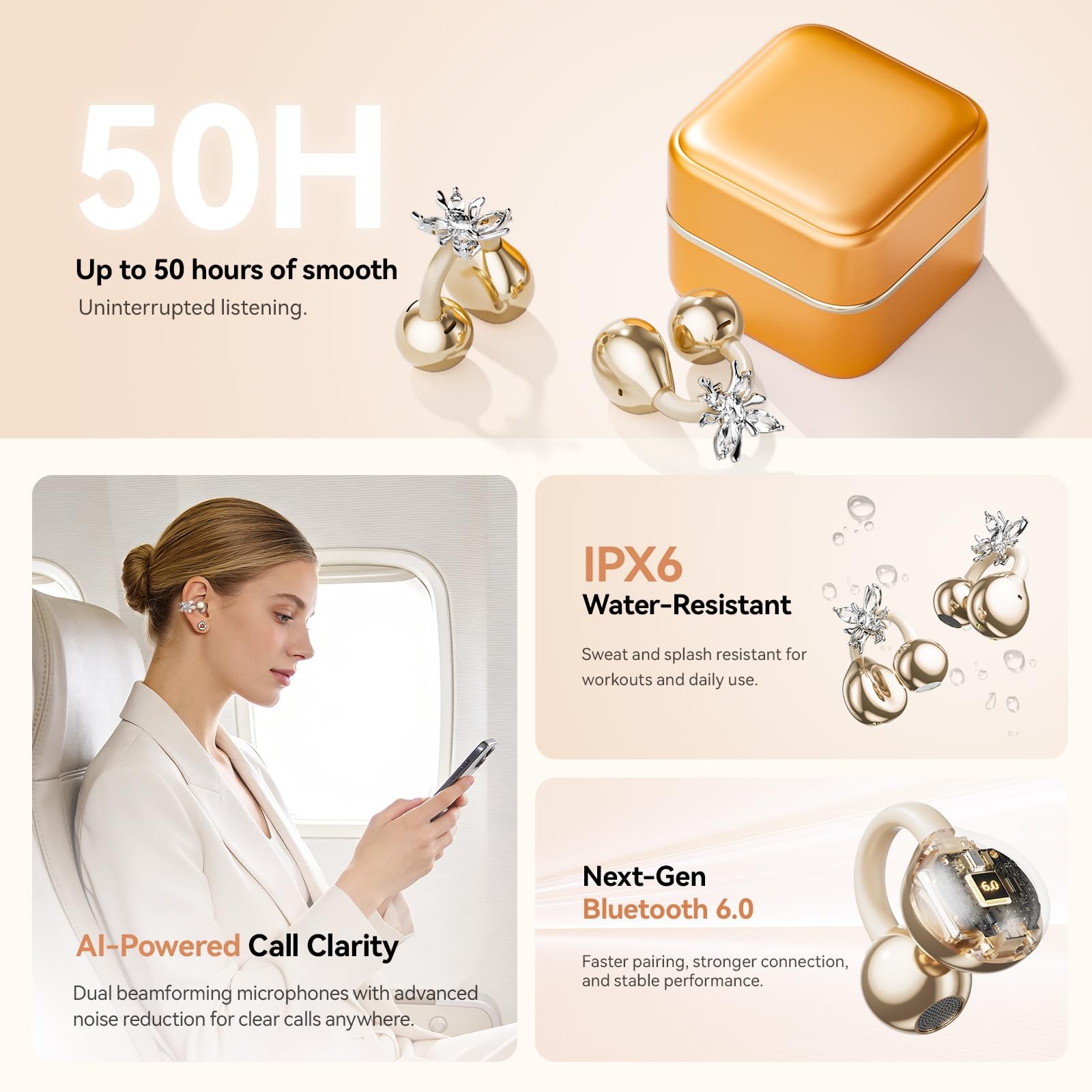Clip On Earbuds with Detachable Butterfly Earrings & LED Makeup Mirror Case, …
