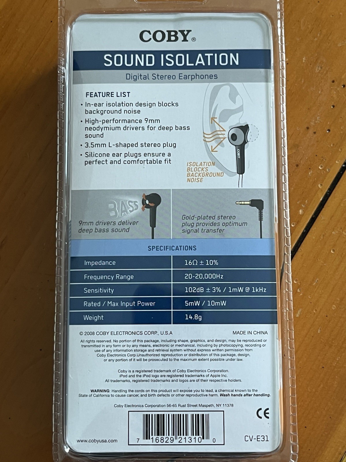 Colby CV-E31 Earbuds Sound Isolation, Digital Stereo Earphone NEW Factory Sealed