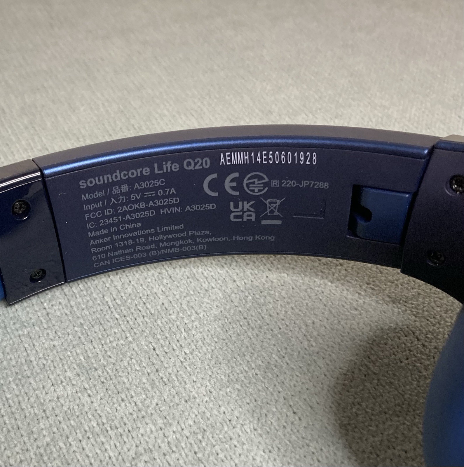 Soundcore Life Q20 Over-Ear Headphone Hybrid Active Noise Cancelling-Blue (Used)