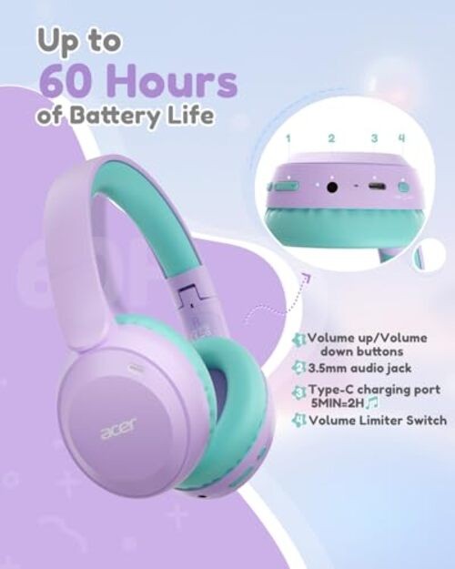acer Kids Bluetooth Headphones, 85/94dB Volume Limiter, Foldable Purple Green
