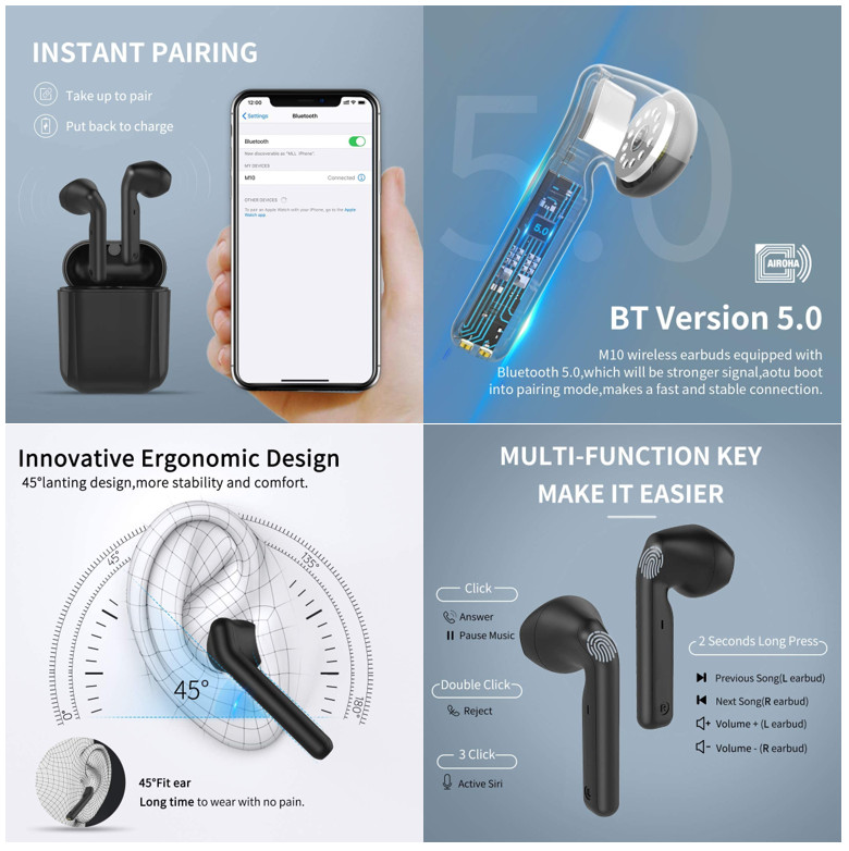 Bluetooth Earbuds 30H Playtime HiFi 3D Stereo IPX5 Built-in Mic CVC8.0 Apt-X
