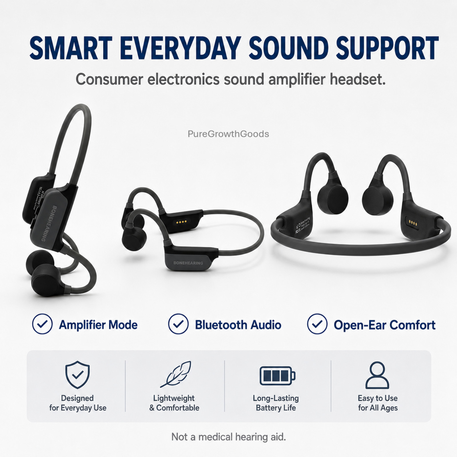Bone Conduction Sound Amplifier Headphones Bluetooth Open Ear for Seniors