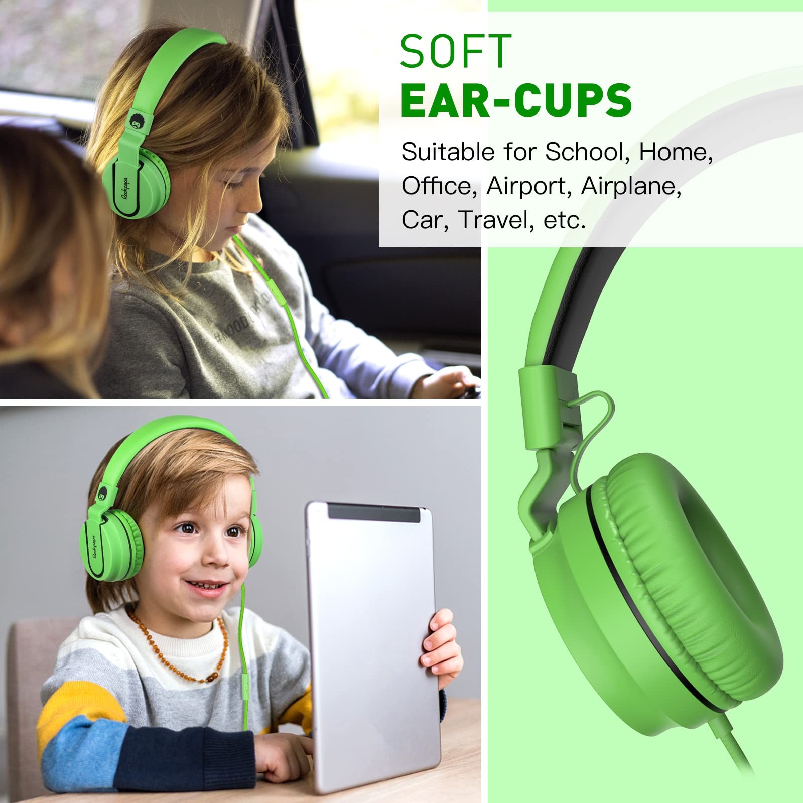 Black Green 950 Wired Headphones for Kids with Microphone 3.5mm Jack On-Ear