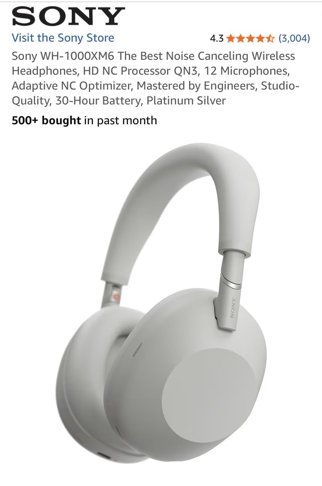 Sony WH-1000XM6 Wireless Noise Canceling Headphones – Platinum Silver