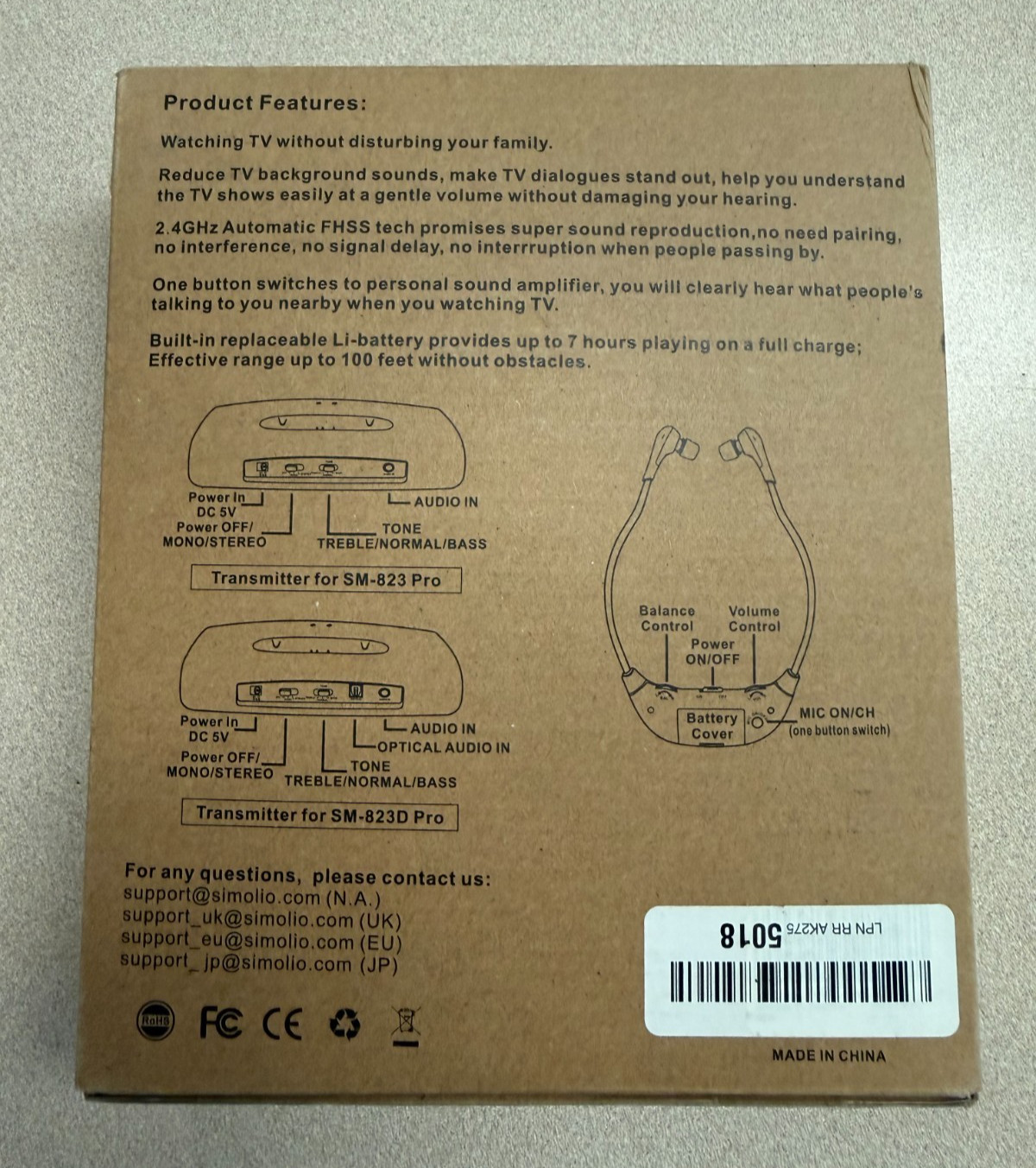 Simolio 2.4GHz Wireless TV Headset SM-823 Pro Analog – Open Box