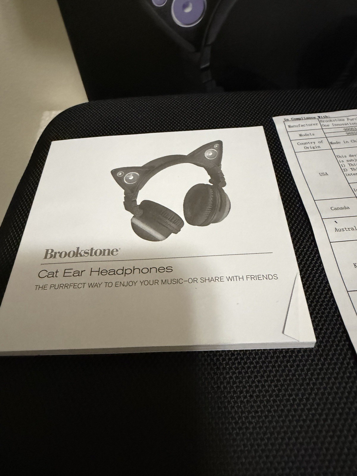 Brookstone Purple Black Cat Ear Headphones w/ Storage Case and Micro USB Cable