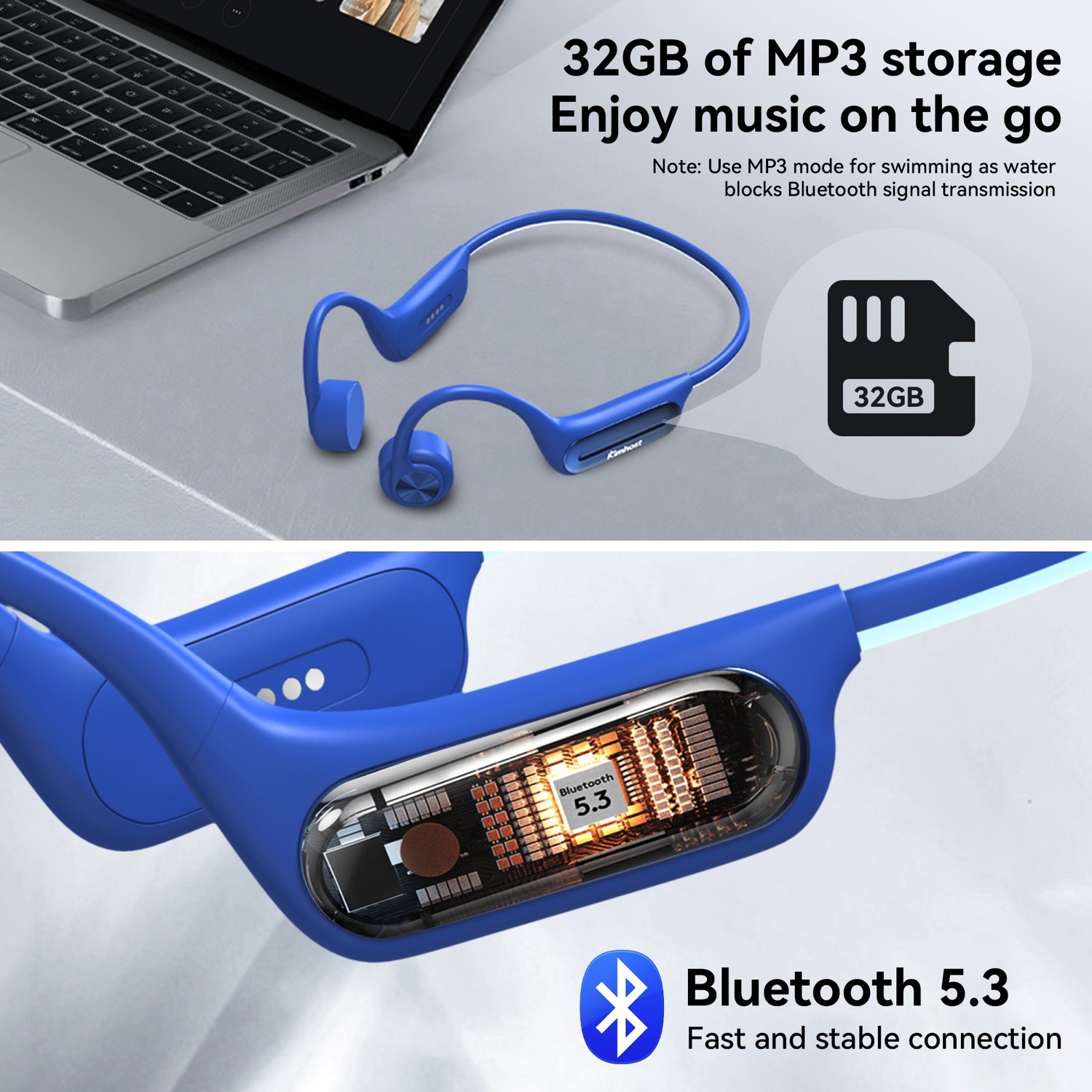 Kimhost Bone Conduction Headphone Bluetooth 32G MP3 Player IPX8 Swimming Earbuds