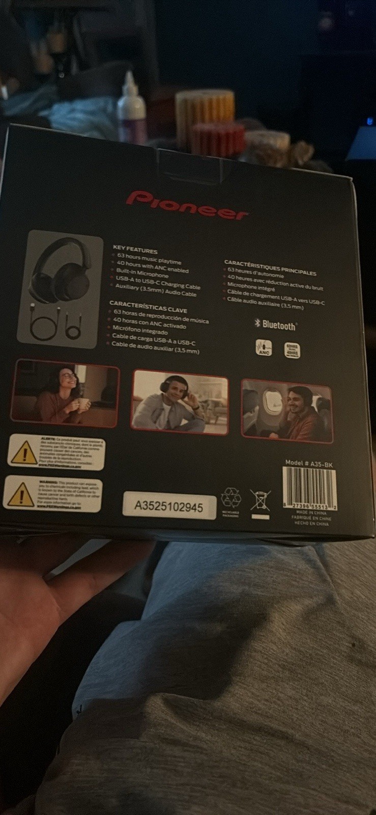 Pioneer A35-BK Bluetooth Headphones ANC USB-C Black Built-In Mic Over-Ear
