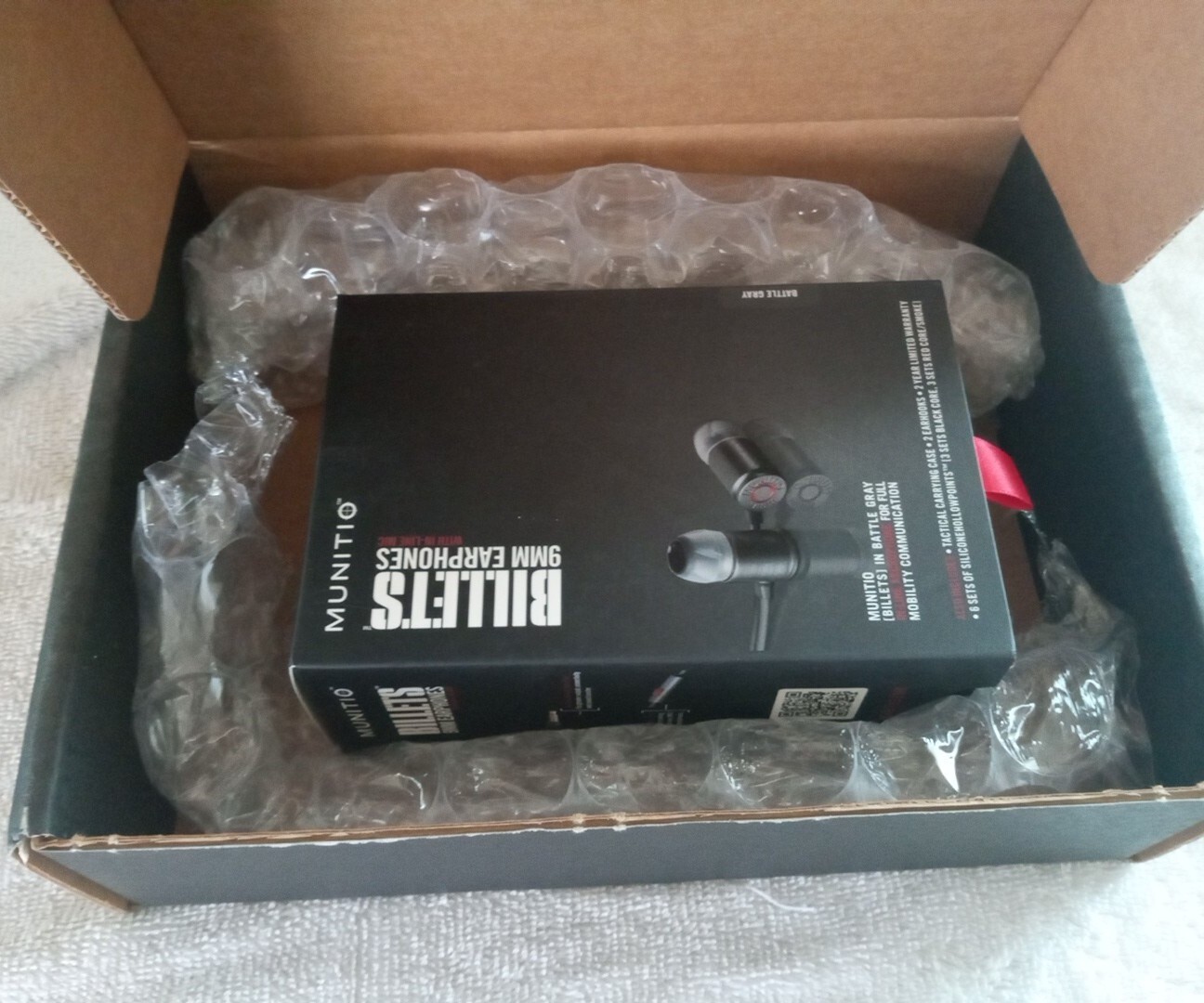 Munitio Billets 9mm Earphones in-line Mic Battle Gray Tactical Case Open Box