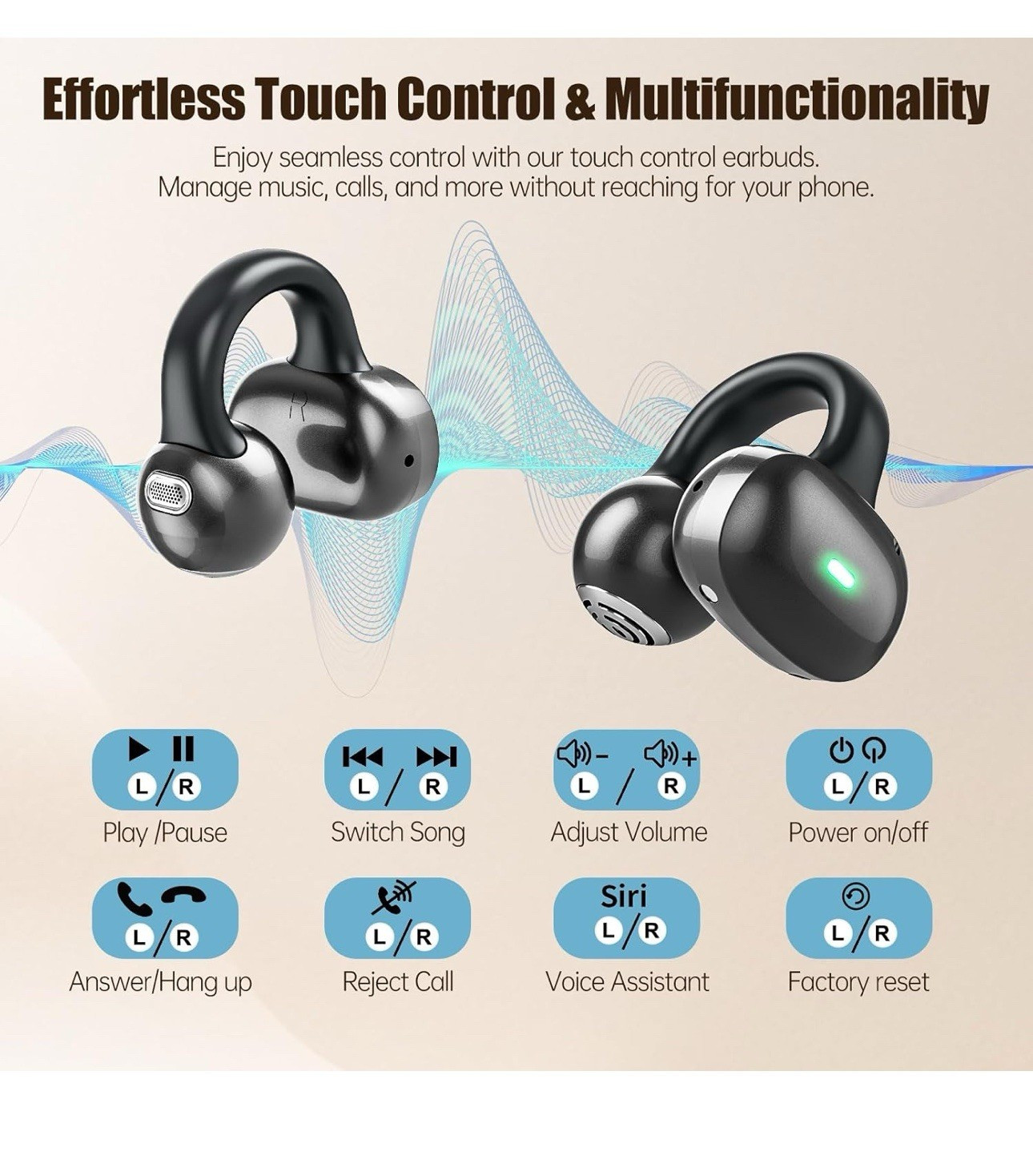 T18 Bluetooth Ear-Hook Clip-On Wireless Earbuds w/ LED Case, Mic, Touch, Black