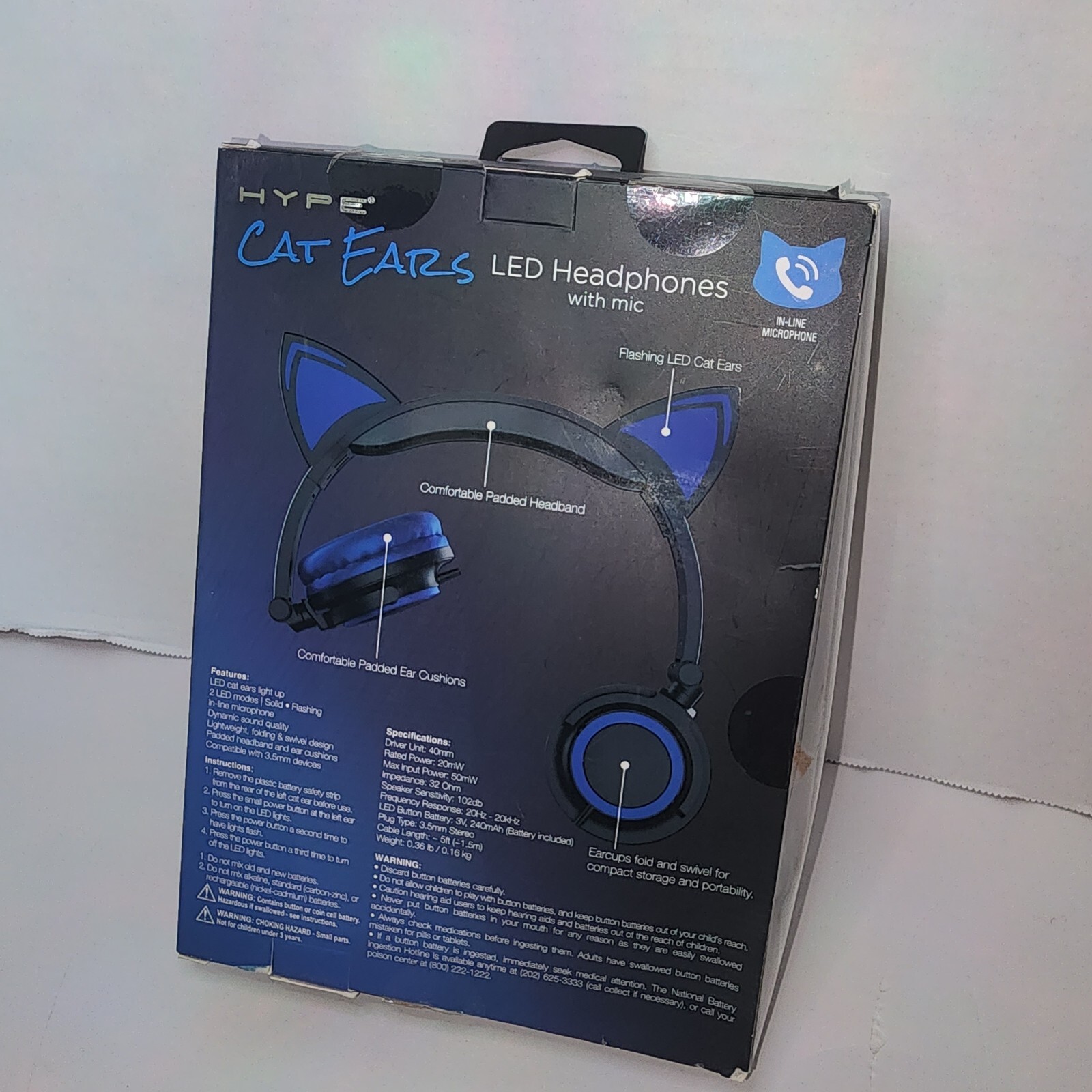 NEW~Hype Cat Ears~LED Blue Headphones W/In-Line Mic~Fold & Swivel~Cool