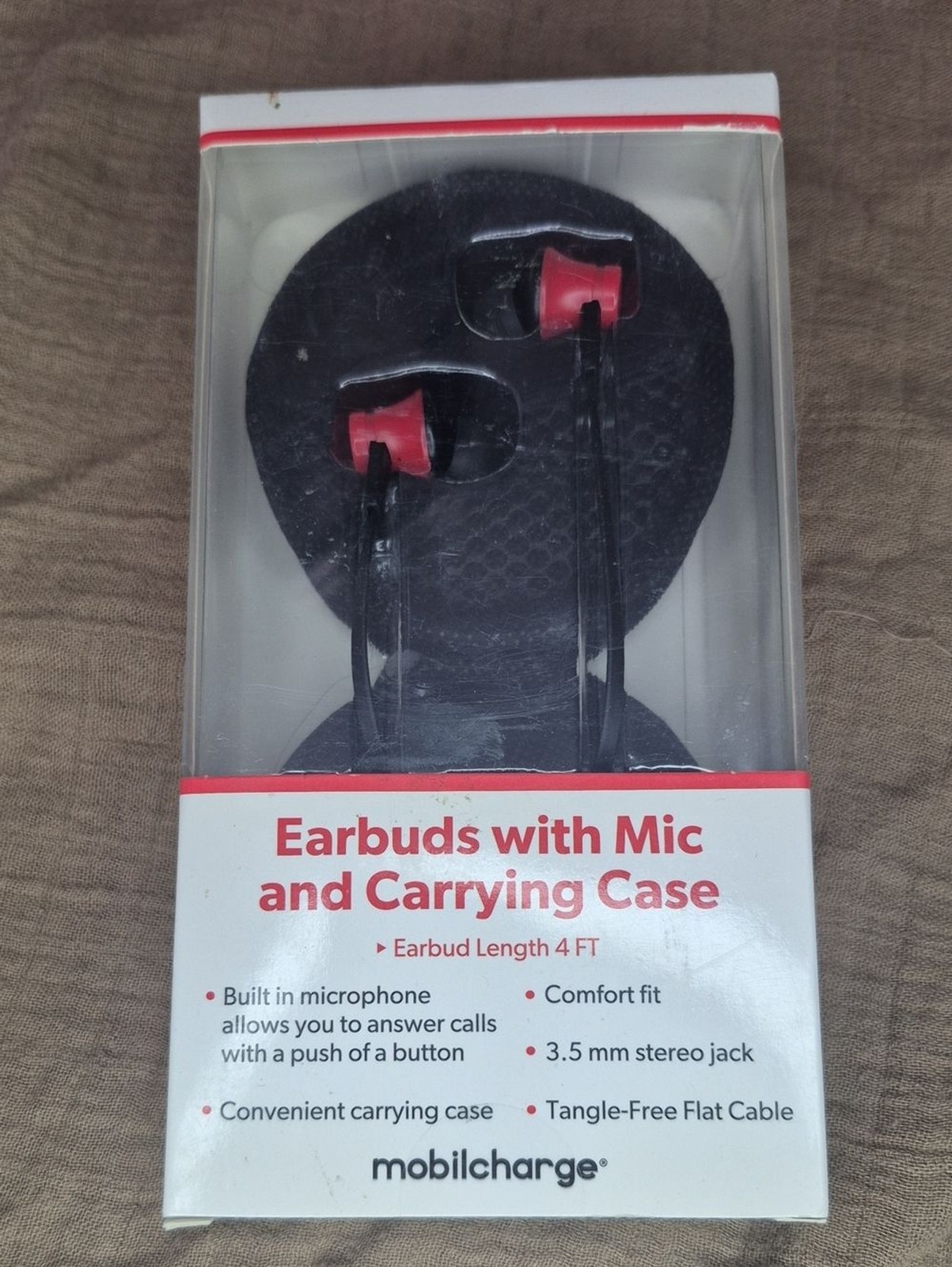 Red and Black Earbuds with Mic and Carrying Case