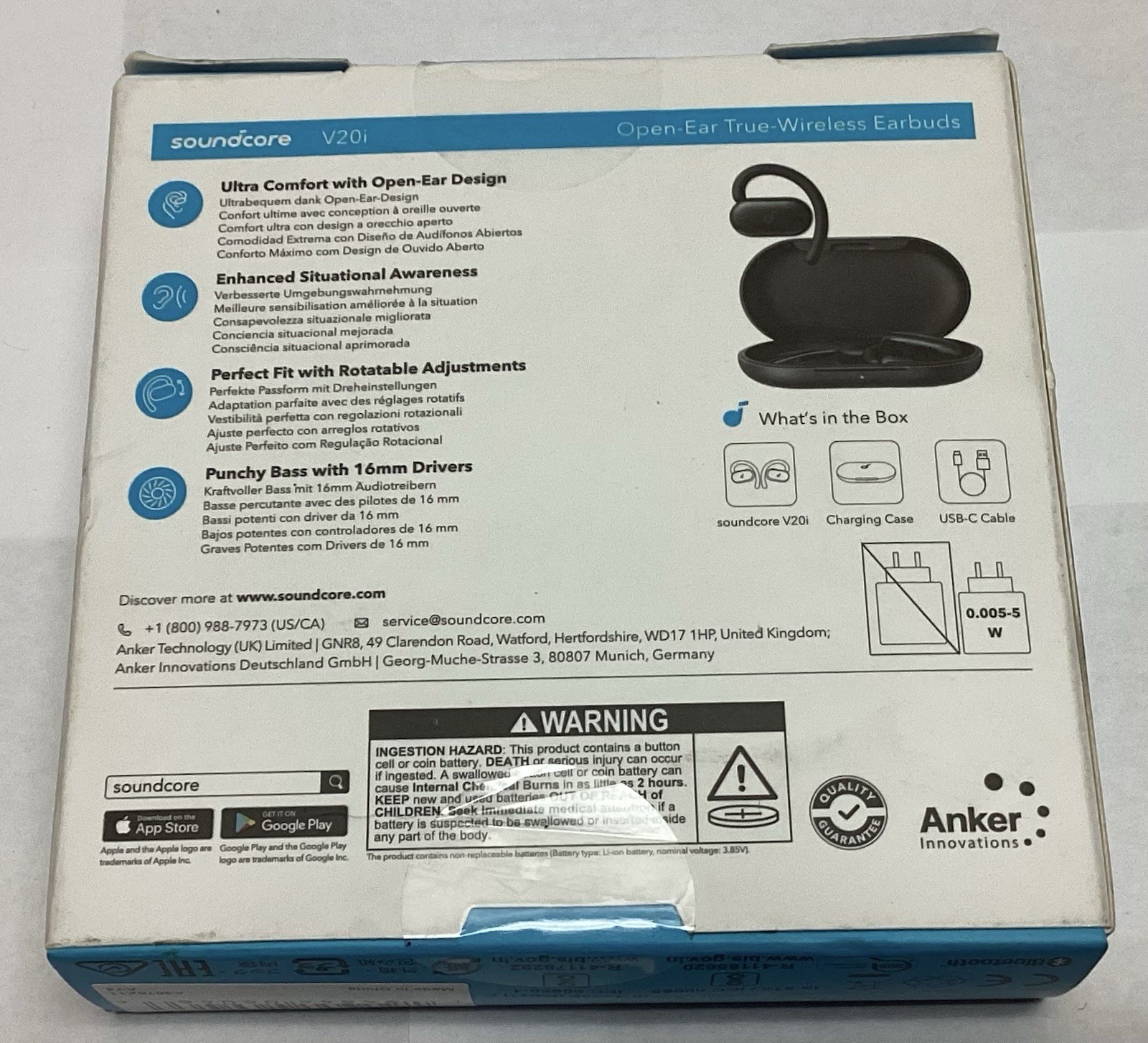 Soundcore By Anker V20i Open-Ear Confort Rotatable Snug Fit Wireless Earbuds