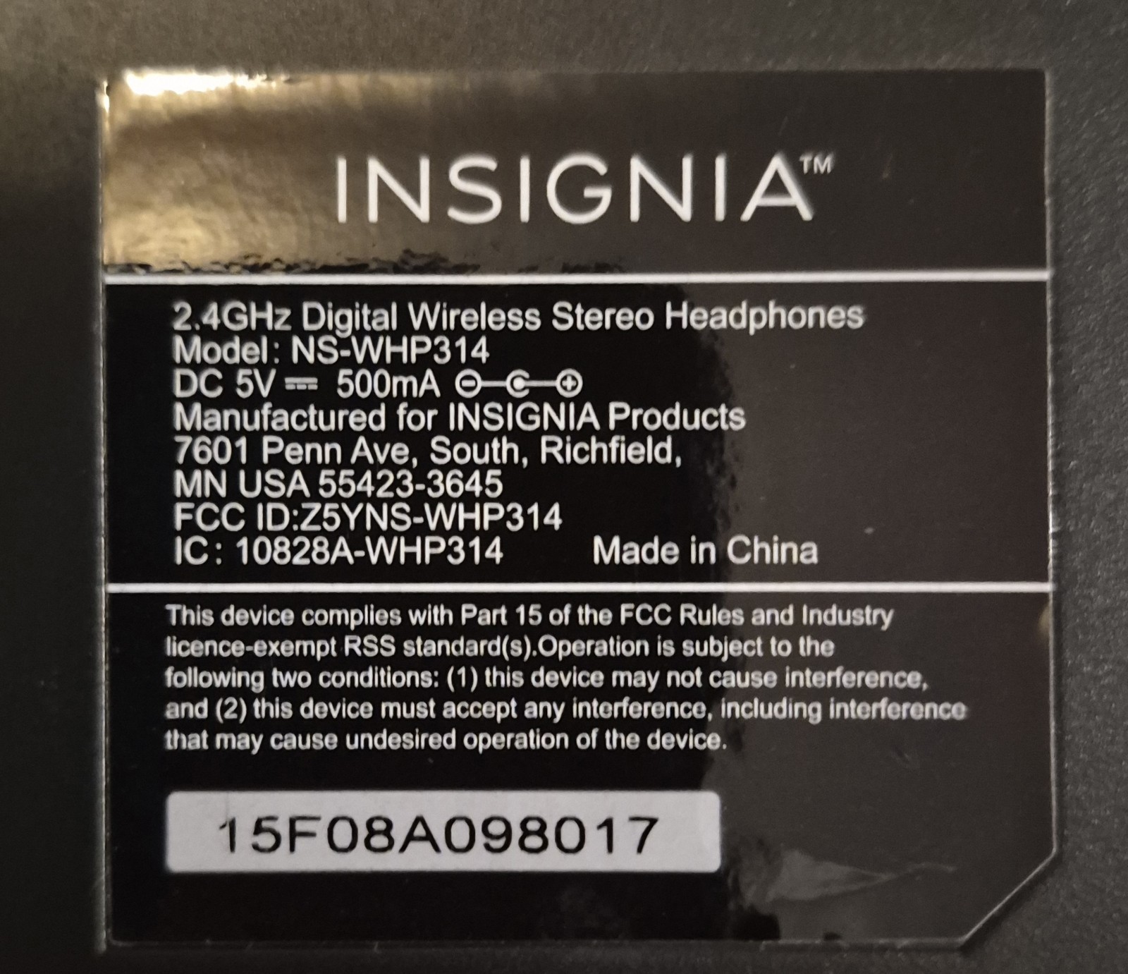 Insignia NS-WHP314 Digital Wireless Headphones System 2.4GHz 45ft Range Headband
