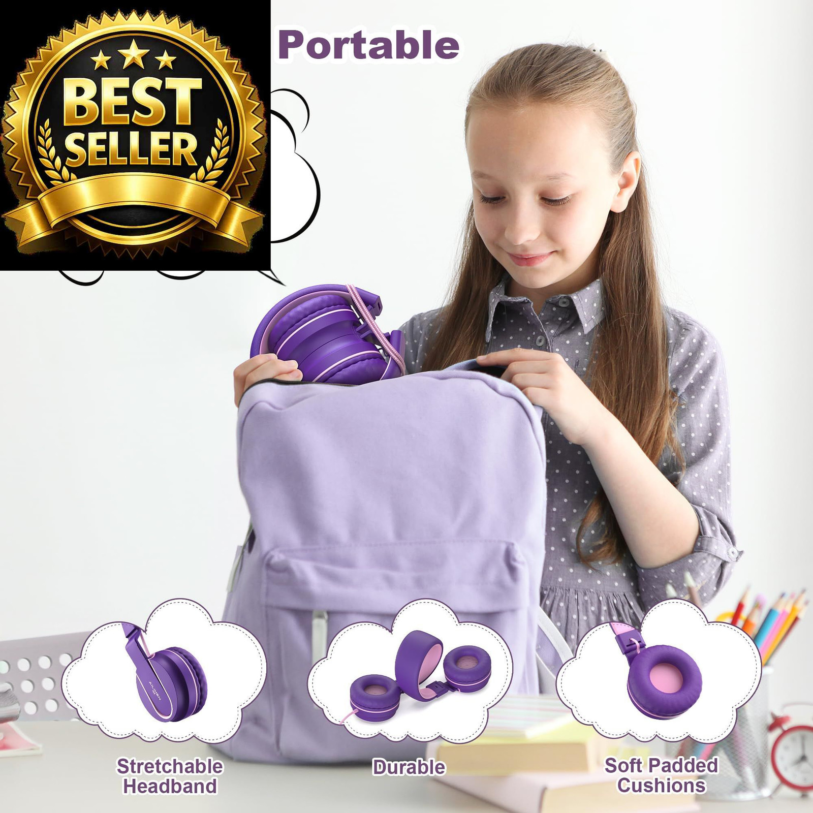 Kids Headphones, Wired Headphones for On Ear with small, Pink Purple