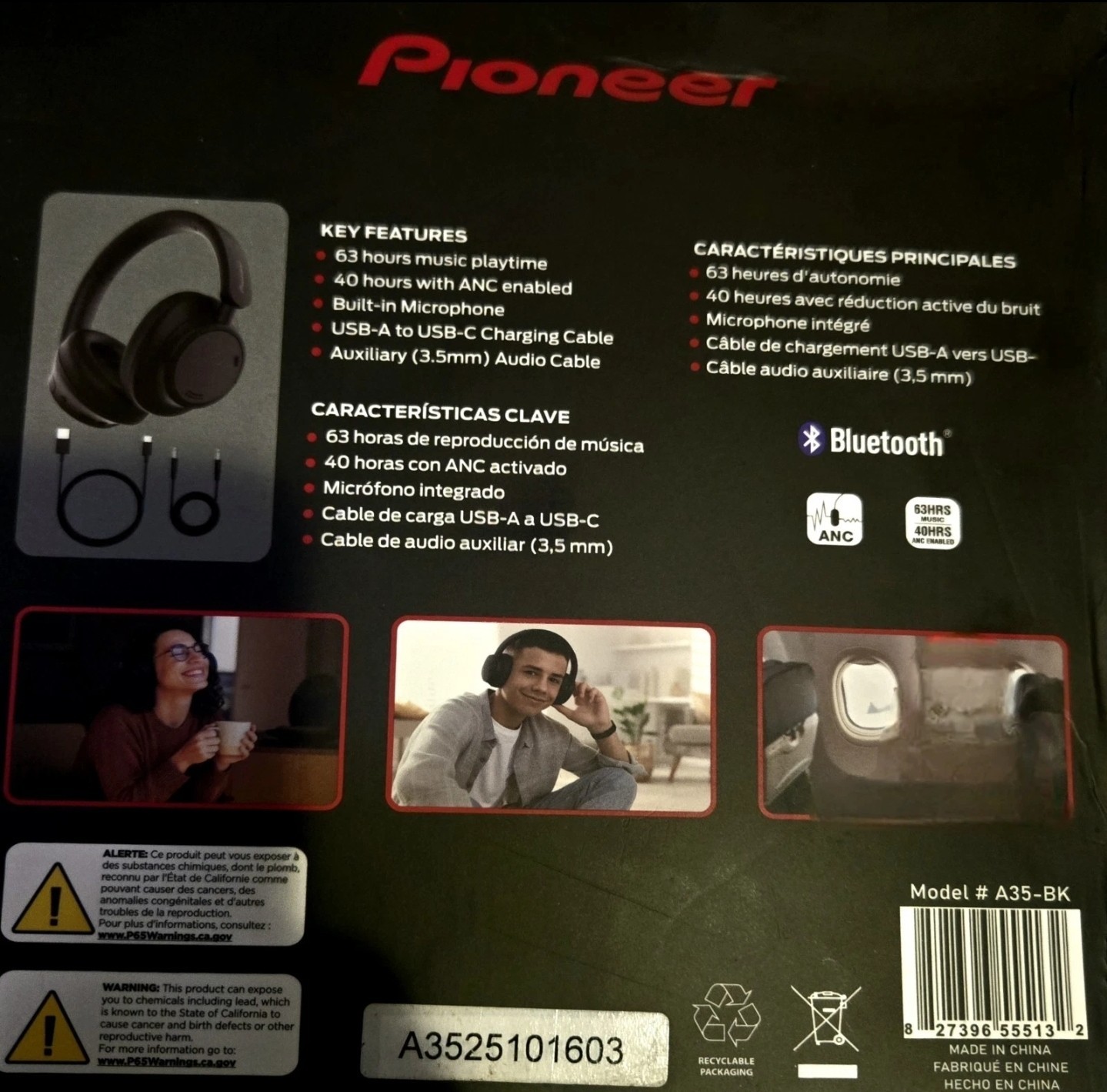 Pioneer A35-BK Bluetooth Headphones ANC USB-C Black Built-In Mic Over-Ear
