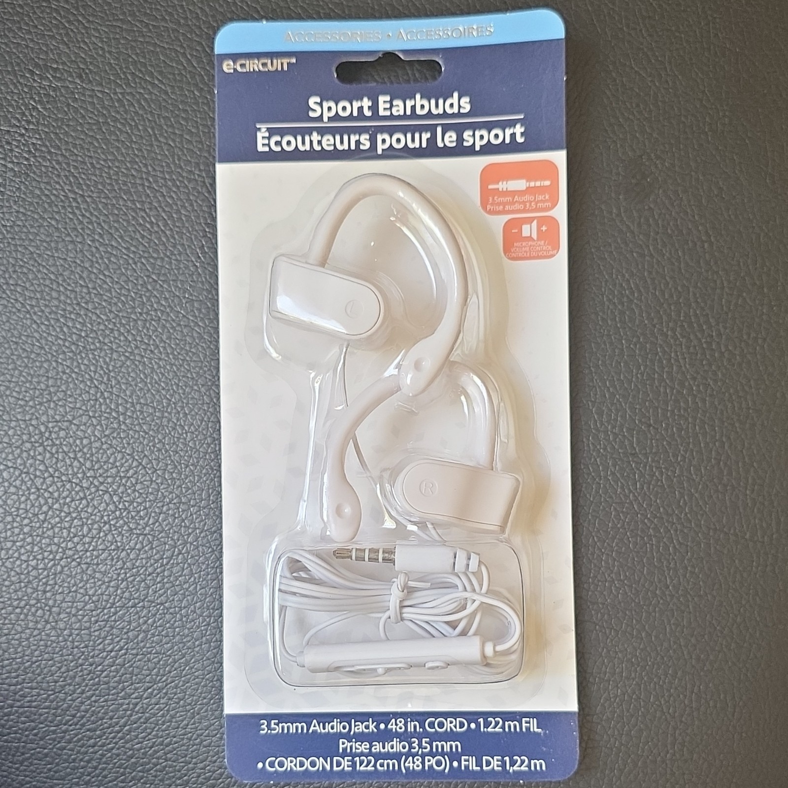 E-Circuit Sport Earbud In-Ear Ear-Hook White 3.5mm Wired Mic 48in Cord