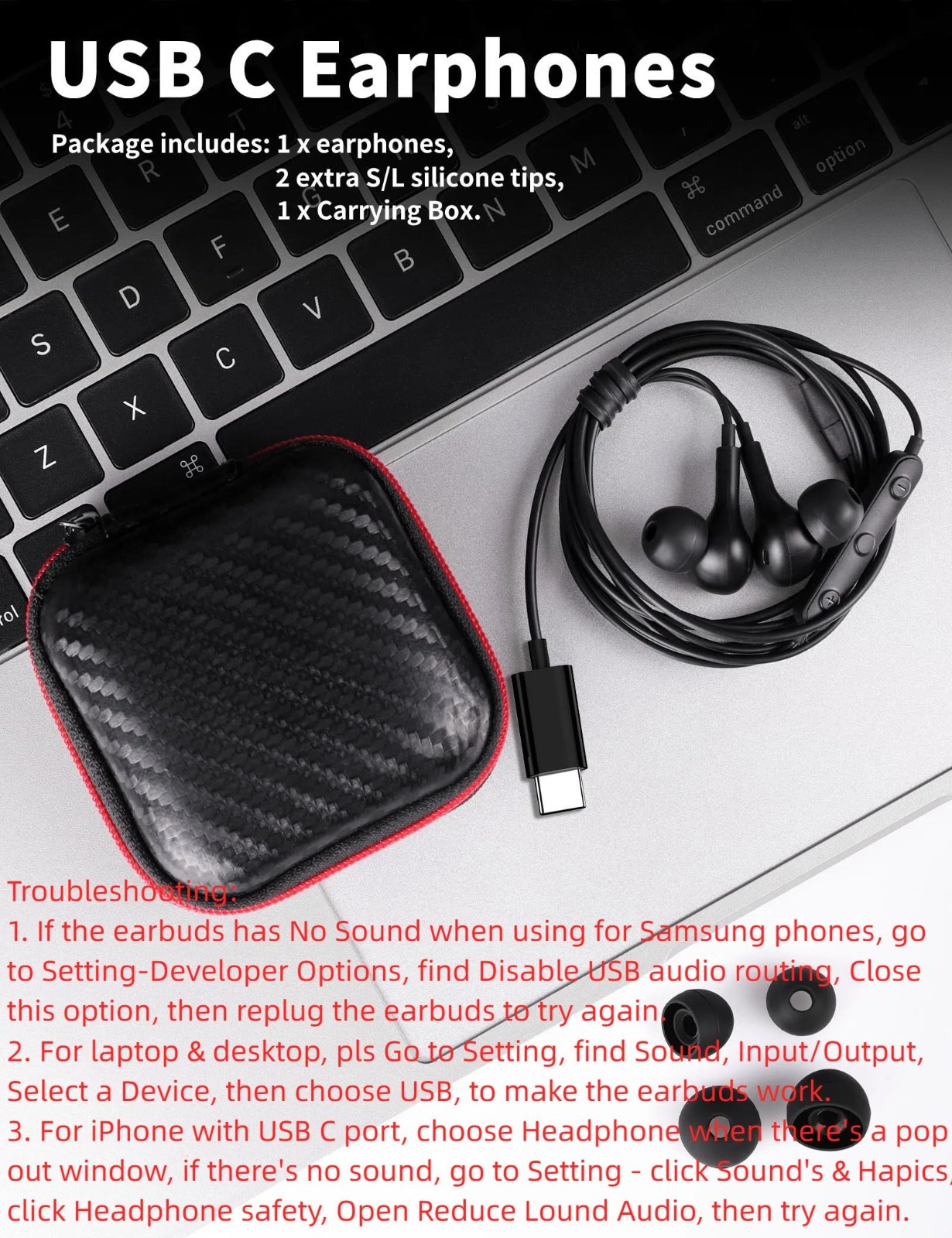 USB C Wired Earbuds with Microphone, Volume Control, Bass Stereo, Noise Cancelin