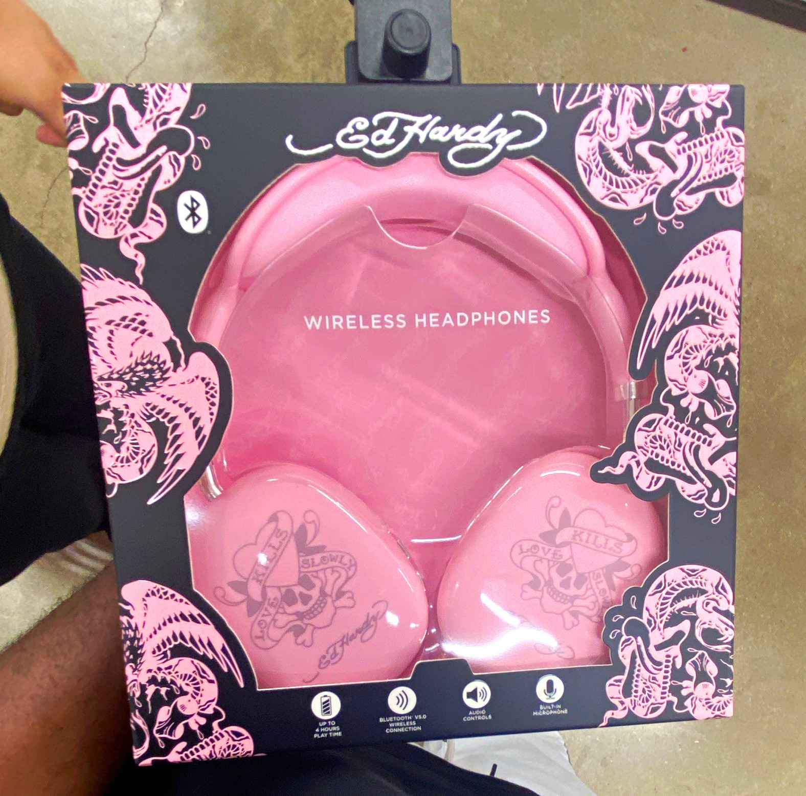 Ed Hardy Bluetooth Wireless Over-Ear Headphones Pink/Black Adjustable Mic