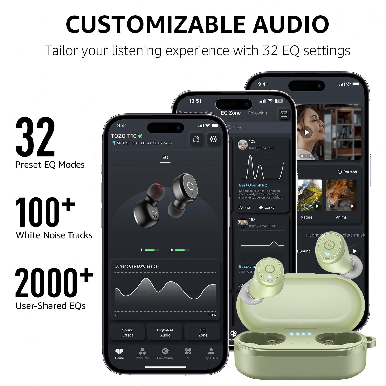 TOZO T10 Bluetooth Wireless Earbuds, Deep Bass Stereo,App EQ Customization IPX8