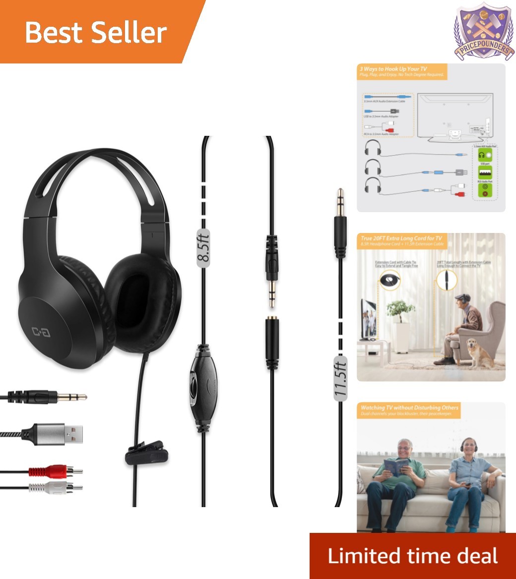 20Ft Long Wired TV Headphones Over Ear Sound Isolation Volume Control