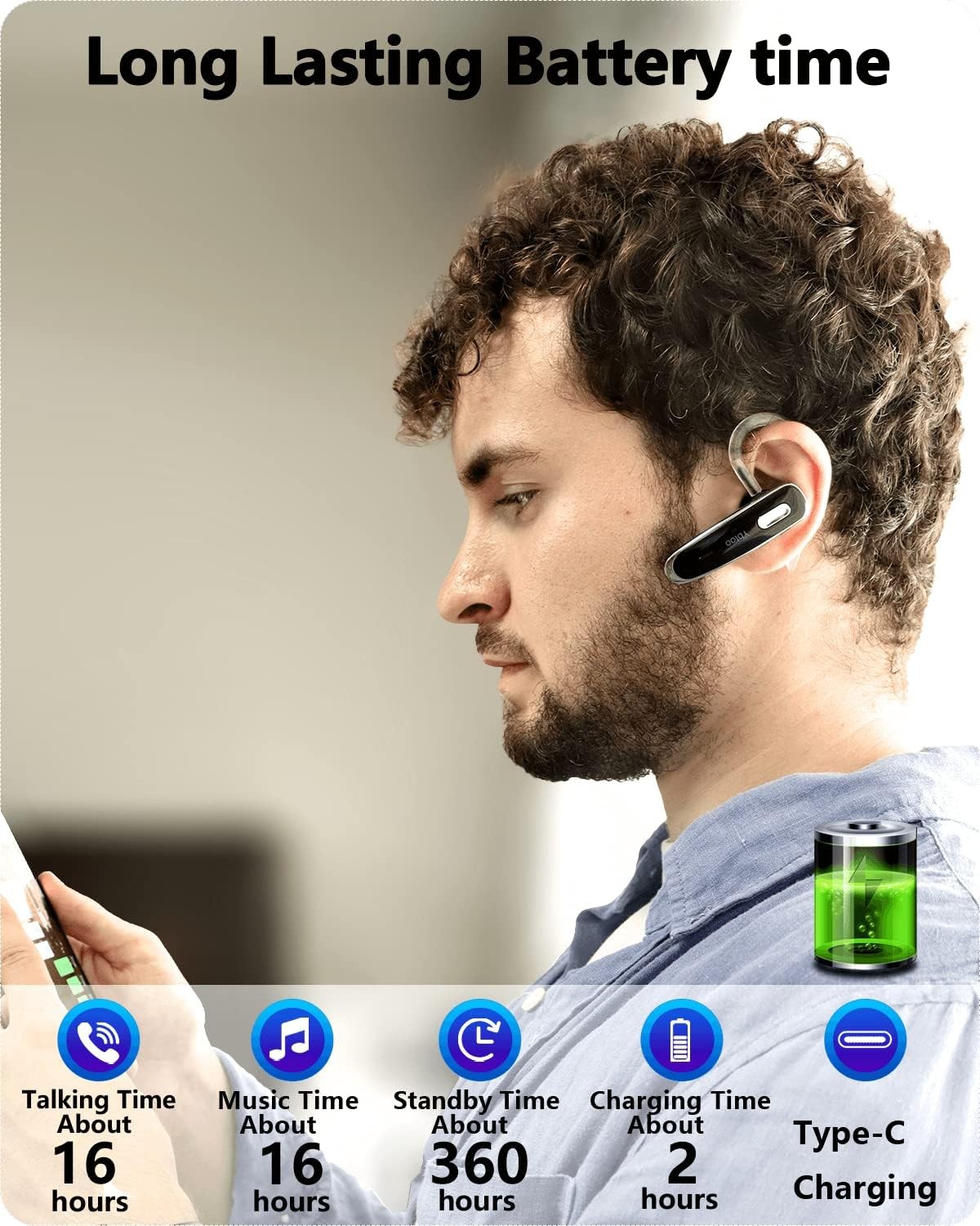 Bluetooth Headset, V5.1 Ultralight Wireless Handsfree Earpiece Cell Phone with