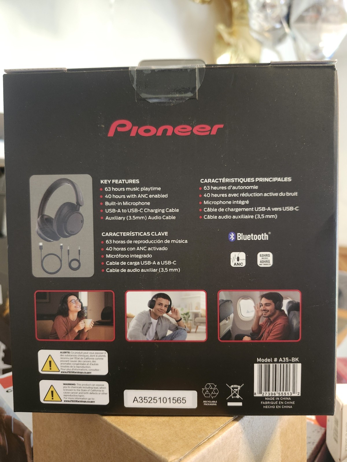 Pioneer A35-BK Bluetooth Over-Ear Headphones w/ANC Mic USB-C 3.5mm Black