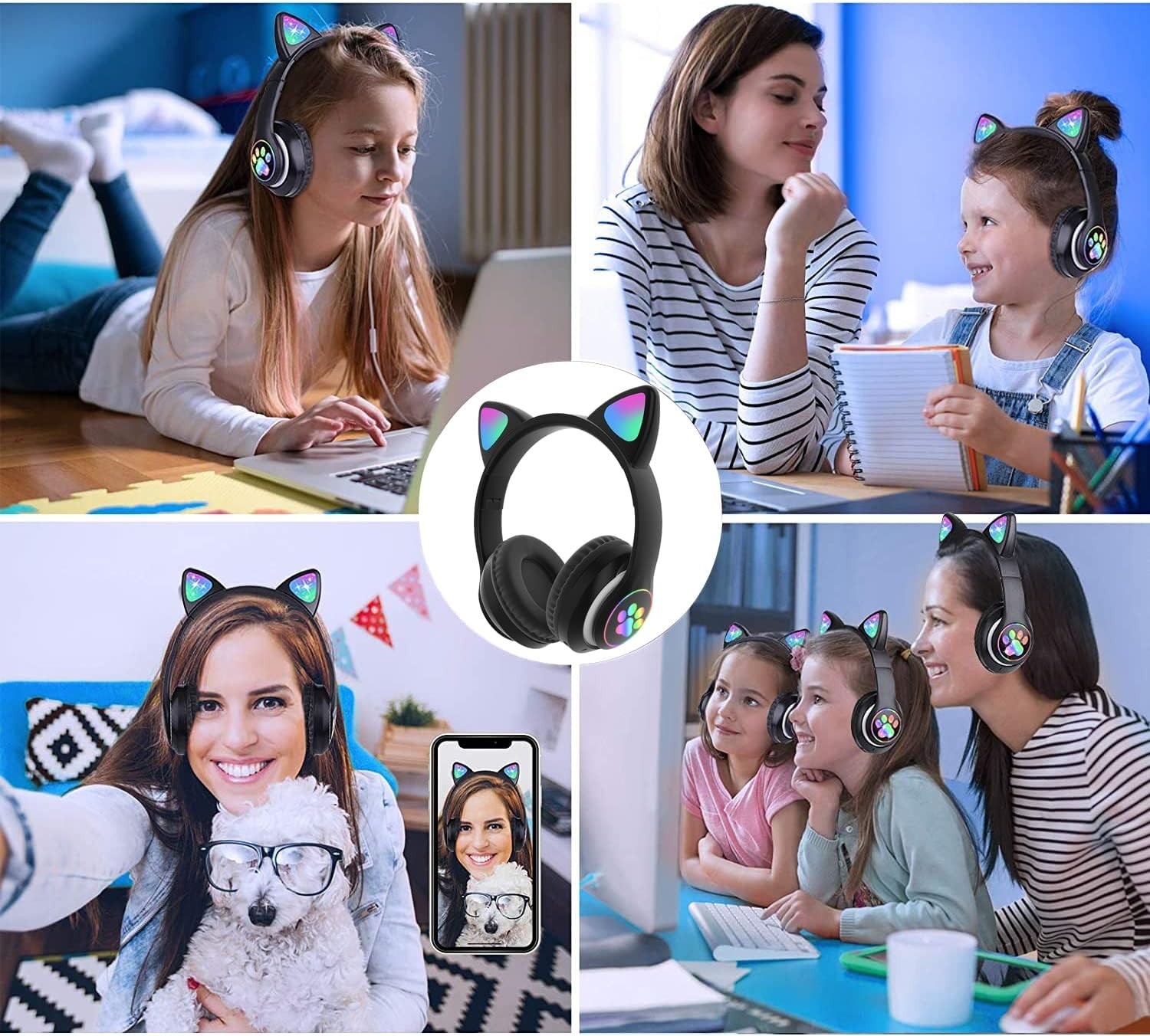 Kids Wireless Bluetooth Cat Ear Headphones LED Light Over Ear Headset