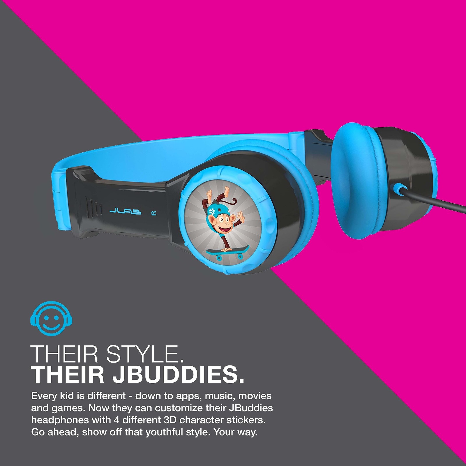JLab JBuddies Folding Kids Headphones Volume Limiting Noise Isolation Gray/Blue