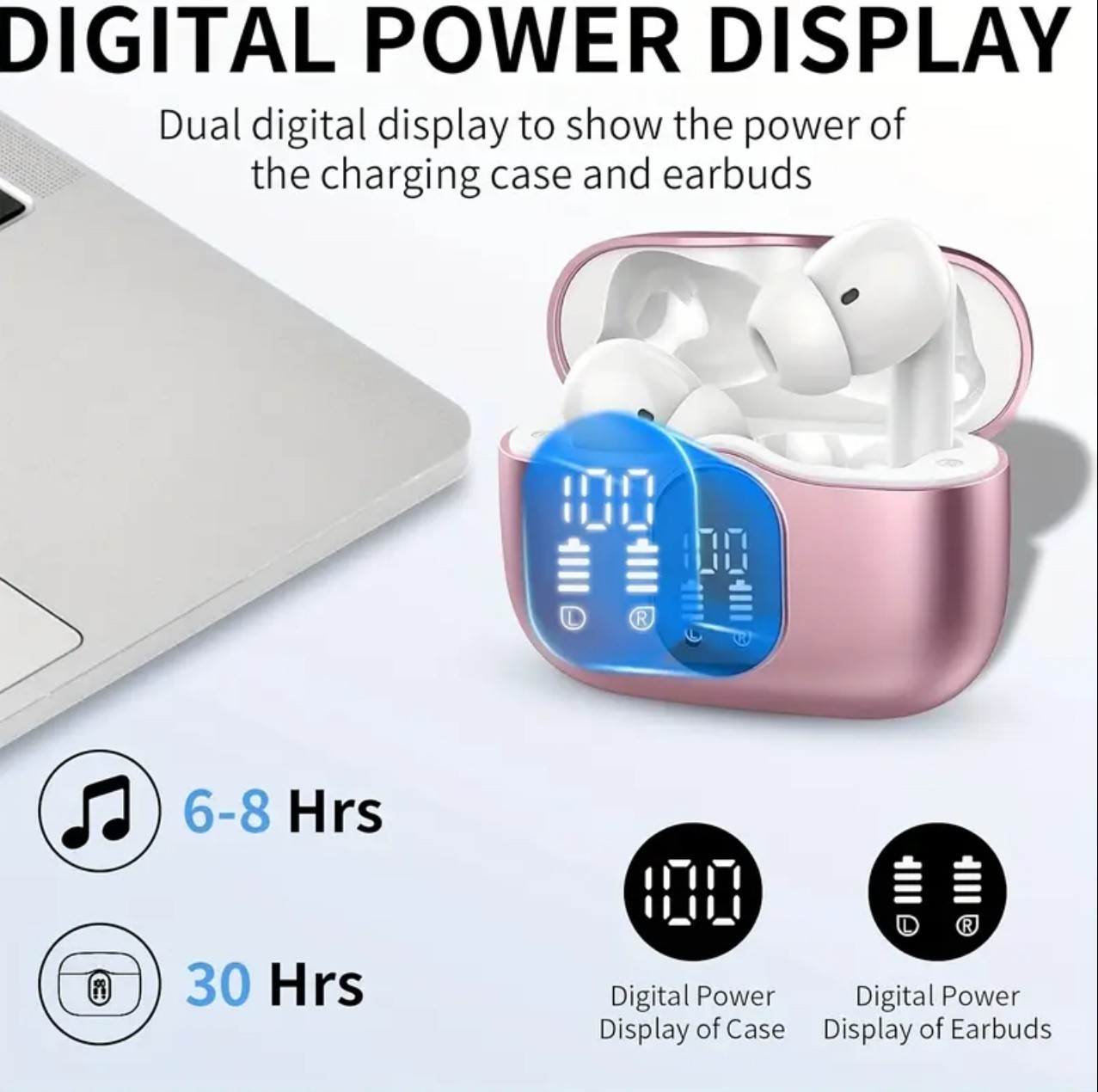 Wireless Bluetooth Earbuds With Bass Stereo Sound Noise Cancelation LED Display