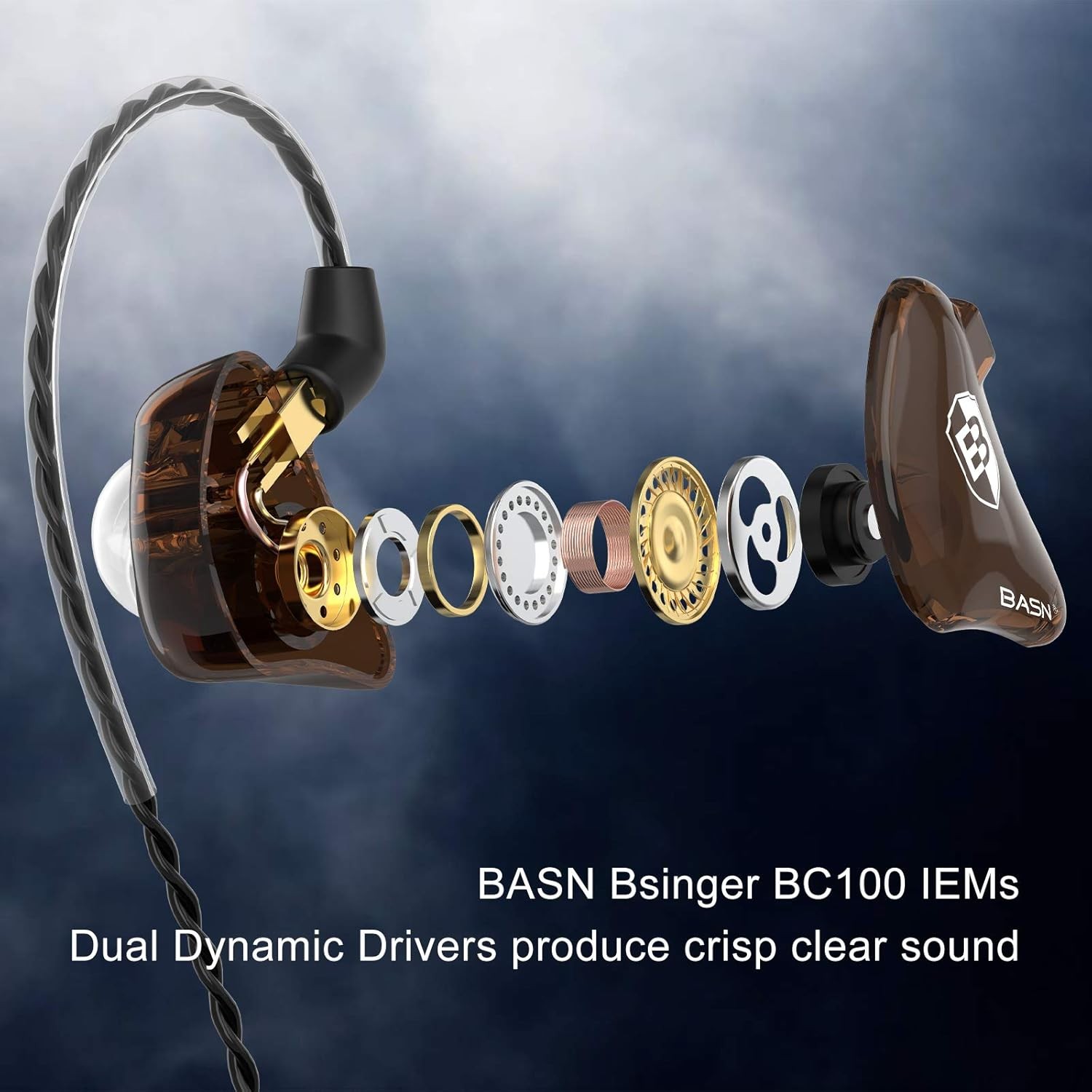 BASN in-Ear Monitor Headphones Dual Dynamic Drivers IEM Earphones Brown