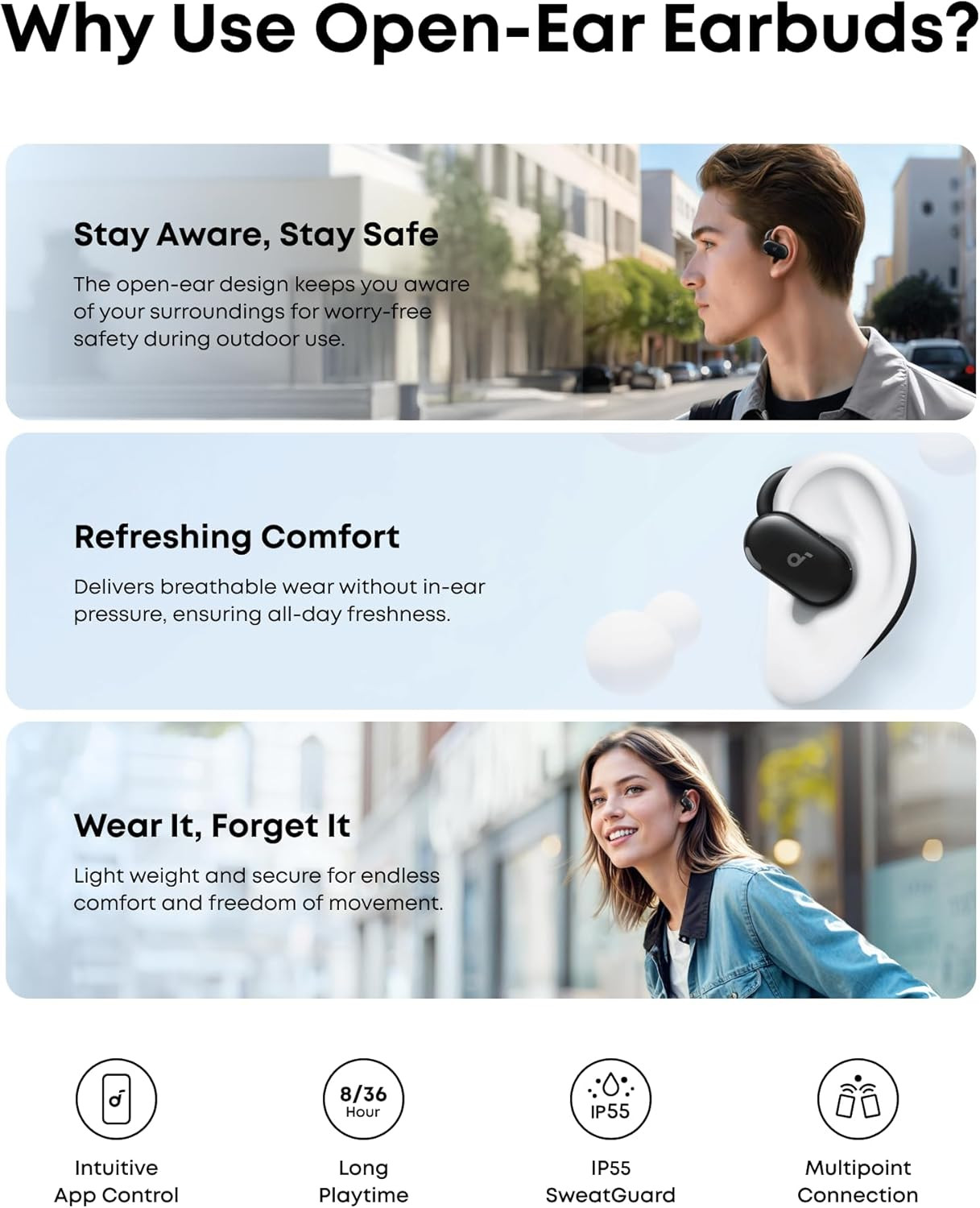 V20I by Anker Open-Ear Headphones, Adjustable Ear Hooks, Ultra-Comfort, Snug Fit