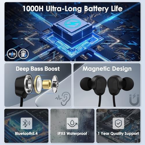 1-Year Quality Support – Black Bluetooth Headphones – Round Neckband – 1000H