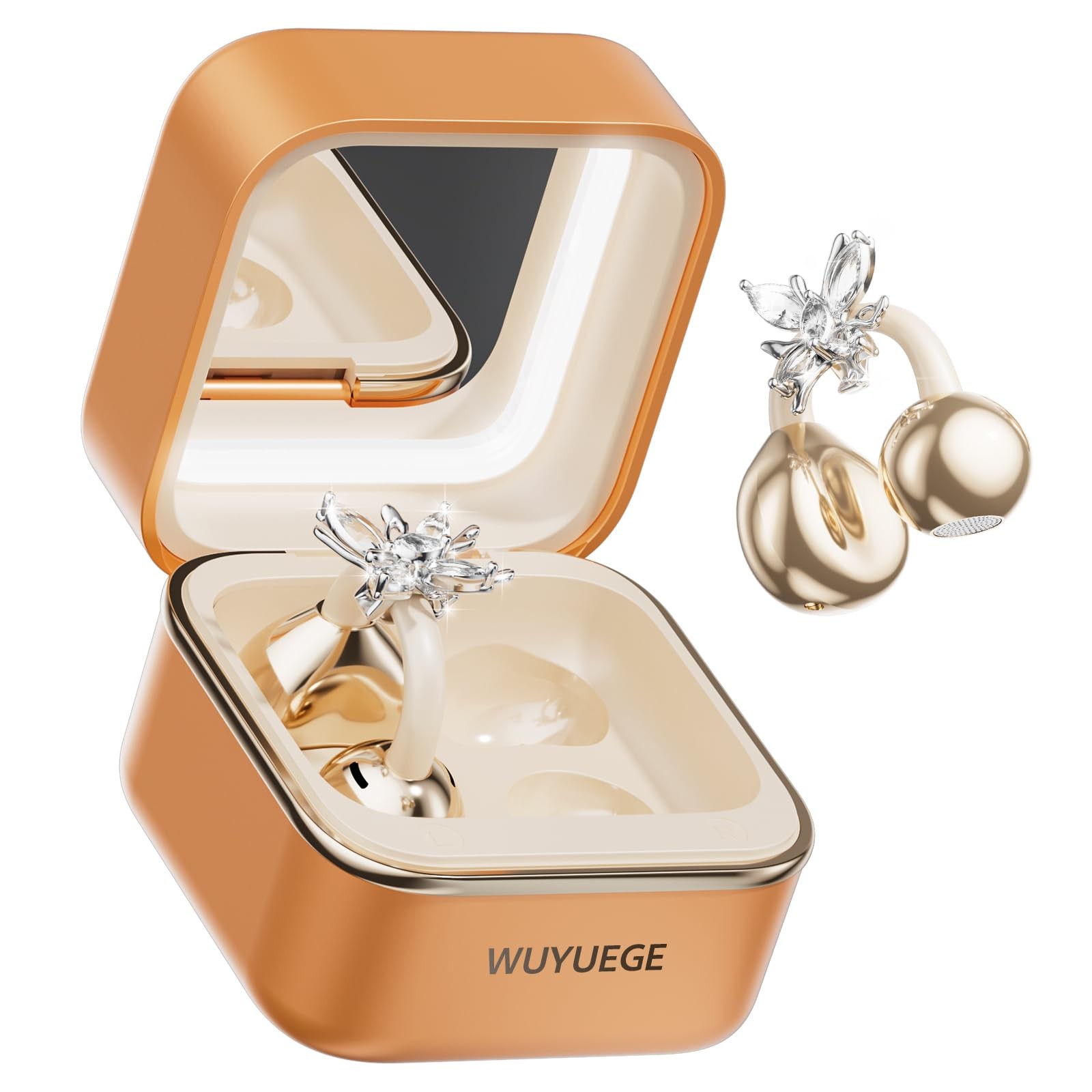 Clip On Earbuds with Detachable Butterfly Earrings & LED Makeup Mirror Case, …